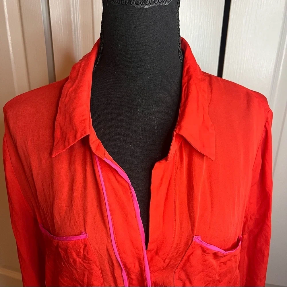 {tl} the letter L 100% Silk Long Sleeve Blouse Red Pink Button Front Pockets